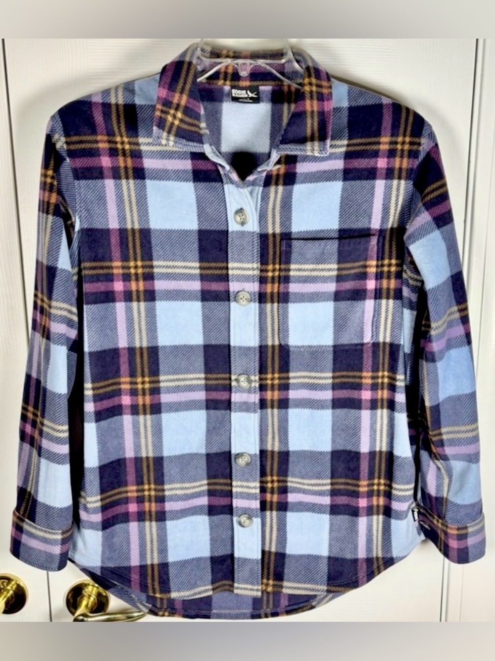 Eddie Bauer Women's Small Microfleece Button Up Flannel Shirt Shacket Blue Plaid